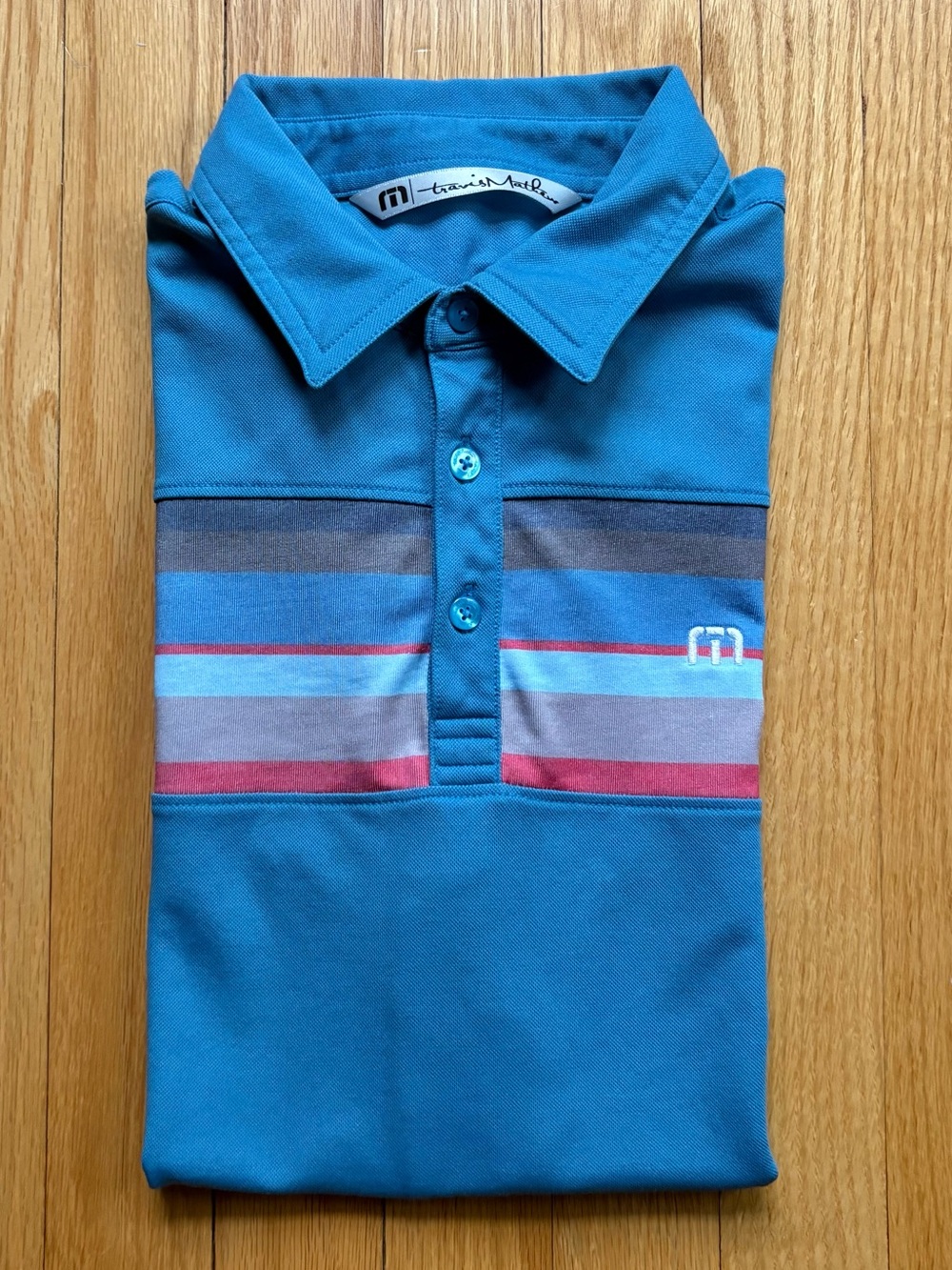 Travis Mathew Men’s Short Sleeve Performance Polo Shirt Small Blue Red Stripes